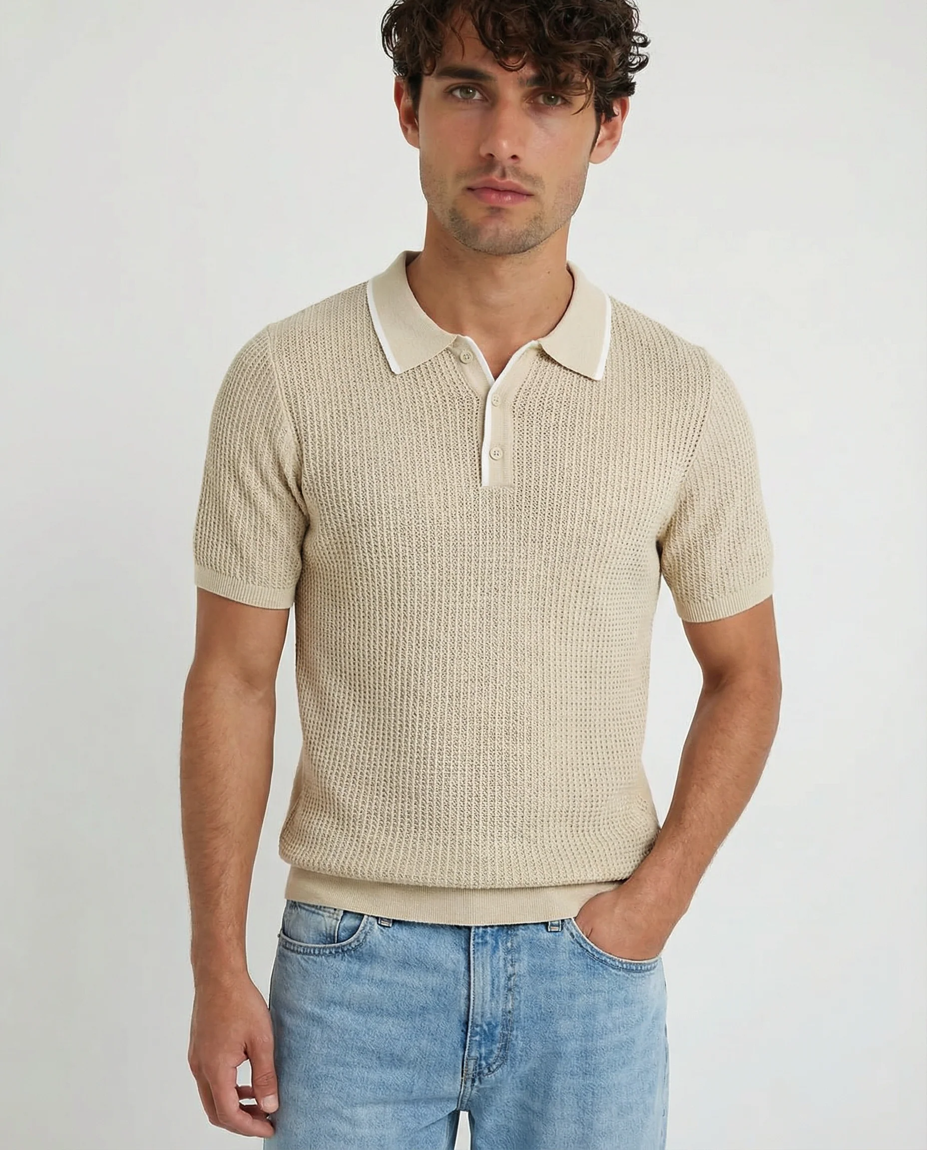TRNS-540 Tipped Open Knit Short Sleeve Polo Sweater - Image 3